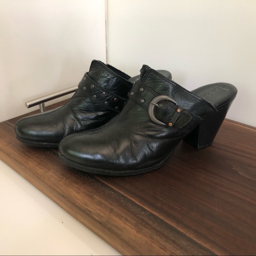 Black Leather Clog with studs and buckle